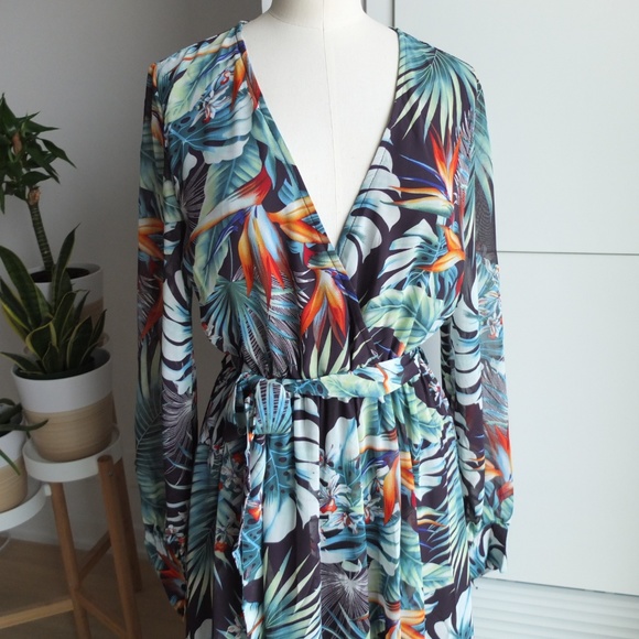 ✨Tropical Print Dress Maxi Surplice Plunge V Neck - Picture 5 of 8
